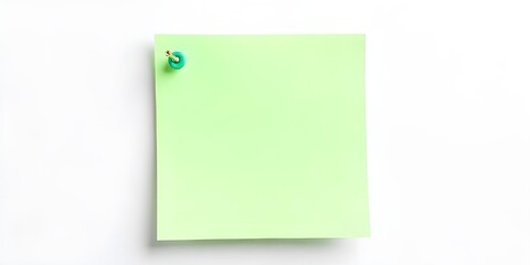 A bright green sticky note paper pinned to a surface with pushpin. The background is plain and white