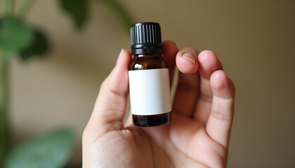 Hand holding a small amber bottle with a blank white label.  Perfect for essential oils, serums, or other beauty products.