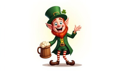 The smiling leprechaun holds a large wooden beer mug and wears a green outfit with red and white striped stockings and an Irish-style hat.