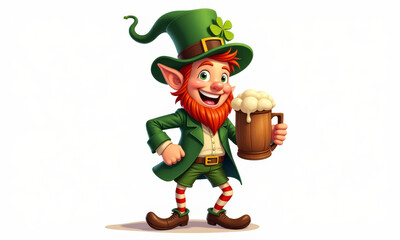 Fototapeta premium The smiling leprechaun holds a large wooden beer mug and wears a green outfit with red and white striped stockings and an Irish-style hat.