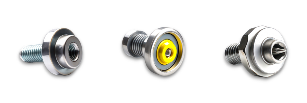 A collection of metal fasteners on a transparent background