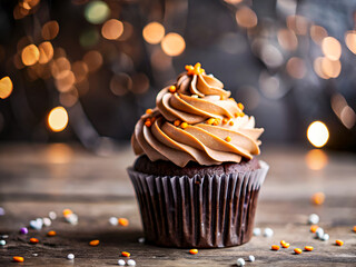 Delicious beautifully decorated chocolate cupcake with orange frosting. Tasty Food background