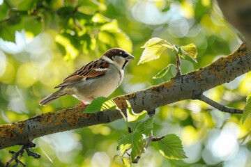 House sparrow perched on a tree branch.