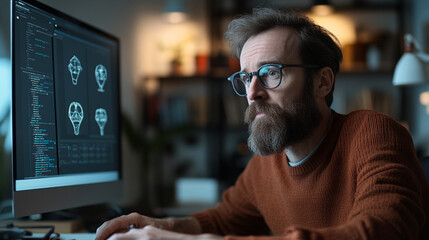 Programmer working intently on computer in home office