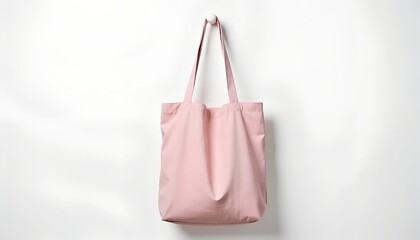 Pink tote bag hanging on a white wall. Simple, minimalist design. Perfect for shopping or everyday use.  A versatile and stylish accessory.