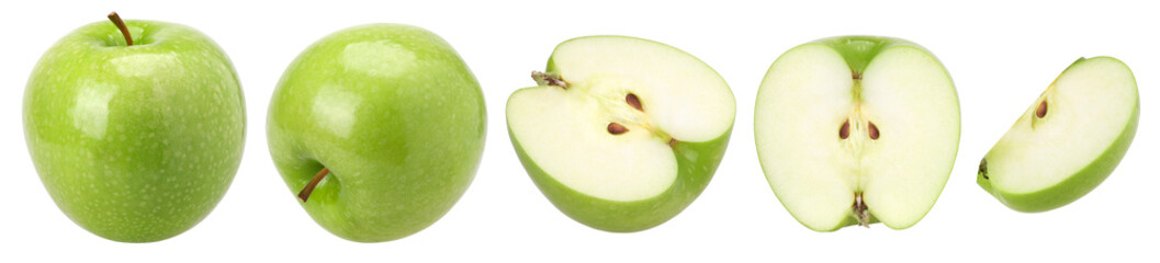 green apple (granny smith apple), half and slice isolated, transparent PNG, collection, PNG format, cut out