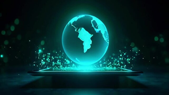 Futuristic holographic globe emerging from a smartphone, showcasing digital connectivity and innovation