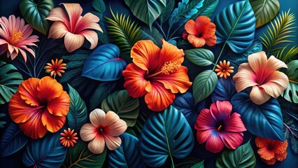 Obraz premium Vibrant Tropical Blooms in Lush Foliage, a Dark Background Composition