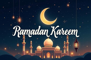 A beautiful nighttime Ramadan Kareem greeting design featuring a crescent moon, illuminated mosque, and decorative hanging lanterns, evoking the spirituality, warmth, and traditions of the holy month.