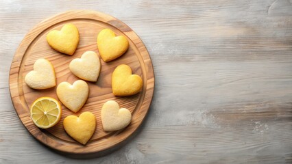 Fototapeta premium Delicious heart-shaped lemon cookies arranged on a wooden board