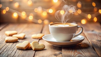 Obraz premium Warm Coffee and Heart-Shaped Cookies on Rustic Wooden Table with Soft Bokeh Lights
