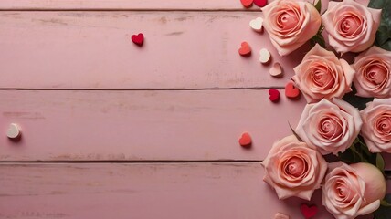 Happy Valentine's day concept with rose flowers and heart shapes on wooden table over pink background