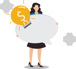 Idea pitching, startup idea or entrepreneurship funding, venture capital meeting, business idea to make money presentation, investment discussion concept, businesswoman present money idea lightbulb