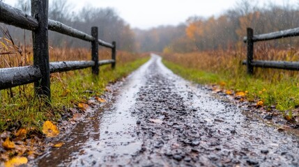 Fototapeta premium Rainy autumn path through woods; misty background, nature walk