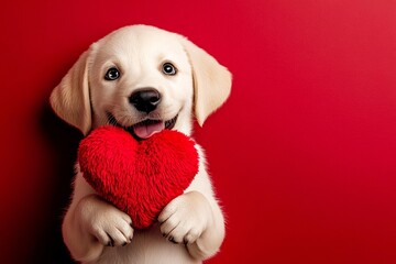 Labrador retriever - my treasured dog. Cute labrador retriever pup with fluffy red heart - emblem of love, funny greeting card. Commercial idea. Love and care. Red and pink dog photos.
