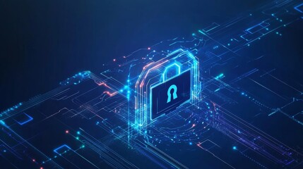 Vector abstract background depicting futuristic technology, digital communication, and data security with circuit board elements and glowing blue connections


