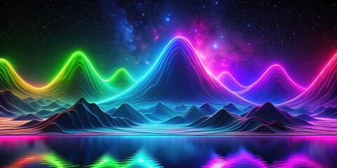 Vibrant Neon Landscape Reflecting in a Still Lake Under a Starry Sky