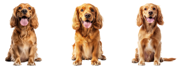 Golden retriever puppies isolated on transparent background, showcasing playful expressions