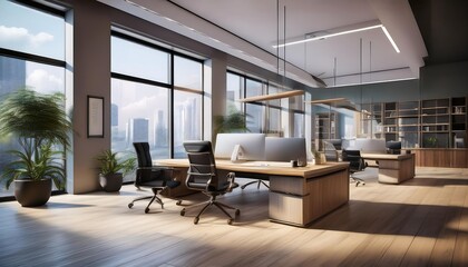 Fototapeta premium Modern executive office interior with minimal design, large windows, wooden flooring, modern and elegant workspace setup. 3D Rendering