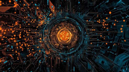 Vector abstract background depicting futuristic technology, digital communication, and data security with circuit board elements and glowing blue connections


