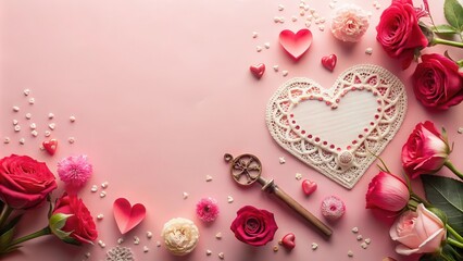 Romantic Valentine's Day arrangement with lace heart, roses, and key