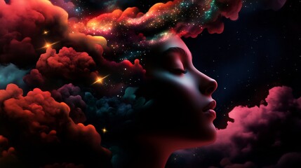 Cosmic Dreamscape: A Woman's Silhouette Adorned with Nebulae and Stars