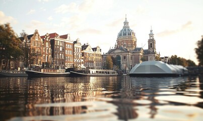 Fototapeta premium Amsterdam canal view with church, houses, boats, and event tent at sunset