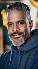 Happy Mature Black Man Portrait  Smiling Face  Gray Hair  Hoodie