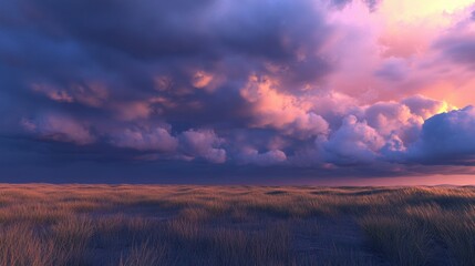 Fototapeta premium Dramatic storm clouds rolling over an empty prairie at dusk