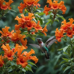 "Hummingbird Dancing Around Trumpet Flowers"
