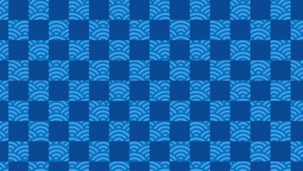 Japanese background: blue checkered and wave patterns