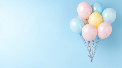 Obraz premium Pastel balloons float against a light blue background; ideal for celebrations