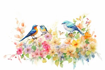 Bird flower art white background.