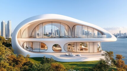 Fototapeta premium Futuristic Seascape Villa: Architectural Marvel by the Bay