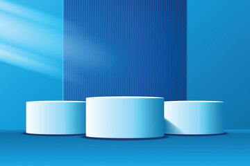 3D blue round podium background. Minimalist pedestal mockup. Abstract stand product display presentation, Stage for showcase. Vector platform design.