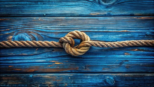 Rustic nautical rope knot tied on weathered blue wood planks