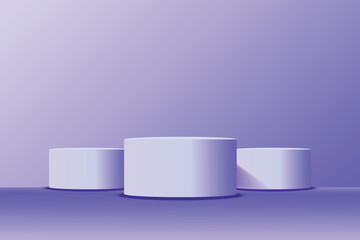 three purple 3D podiums with a cylindrical shape on a light surface, illuminated by soft light. Display, mockup or product display in an elegant and modern design