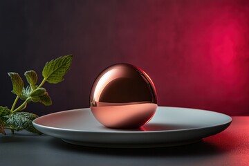 Shiny copper sphere on white plate with mint leaves and red background
