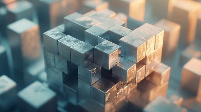 A cube of shifting dimensions, alternating between solid and fragmented states