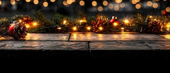 Obraz premium Festive Christmas Background Warm Lights Wood Pine Ornaments