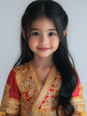 Adorable Child in Traditional Dress: A charming portrait of a young girl with dark hair and captivating eyes, adorned in a vibrant red and gold traditional dress, exuding innocence and grace. 