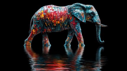 Obraz premium Colorful mosaic elephant walking in water, reflected on black background.