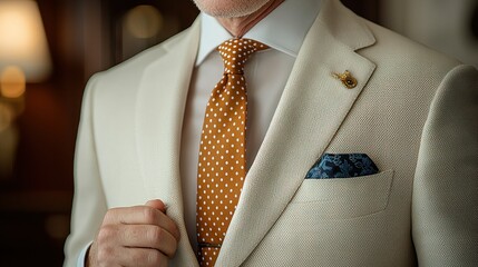Elegant Beige Suit with Orange Polka Dot Tie and Blue Pocket Square