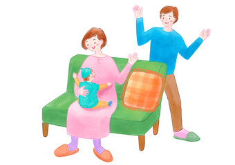 ソファに座って子供を抱っこして手を振るお母さんとお父さん