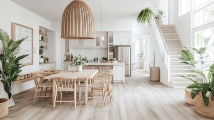 Bright, airy open-plan living space with kitchen, dining area, and staircase.