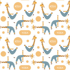 Cute animals doing yoga. Funny giraffes in different asanas. Vector seamless pattern for kids in a flat style. Texture for textile or wrapping paper. © Tatiana