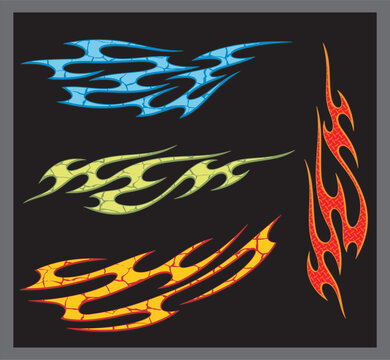 Vector colorful textured flames for vehicle vinyl decals and wraps. Ready-to-cut graphics for racing cars, off-road and sport vehicles, hot rod automobiles, ATVs, trucks, motors, bikes, T-shirts.