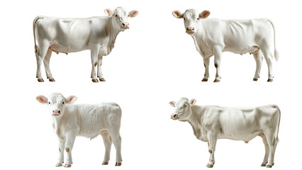 White Cattle Family: A quartet of white cattle, including an adult cow and a calf, stand proudly in various poses. They showcase their unique white coat and gentle nature.