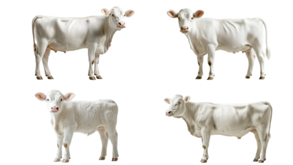 White Cattle Family: A quartet of white cattle, including an adult cow and a calf, stand proudly in various poses. They showcase their unique white coat and gentle nature.