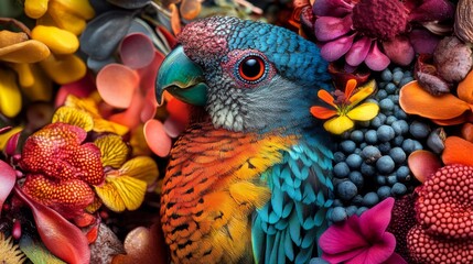 Vibrant Parrot Portrait Amidst Lush Botanical Array of Flowers and Fruit
